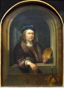Self portrait with a palette in a niche by Gerrit Dou