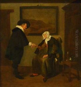 Interior with a man feeling a woman's pulse