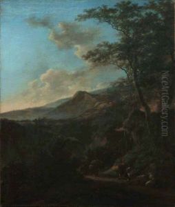 Paysage avec patres et muletiers dans un chemin creux, au soleil couchant by Jan Both