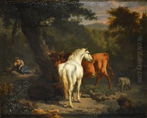 Landscape with white horse by Dirck van der Bergen