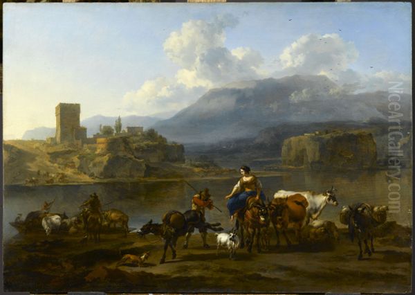 Landscape with shepherds and cattle crossing a river - view 1