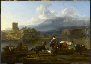 Landscape with shepherds and cattle crossing a river by Nicolaes Pieterszoon Berchem