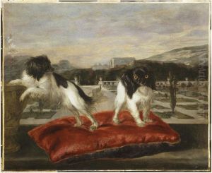 Two small dogs on the terrace of an Italianate garden Two small dogs on the terrace of an Italianate garden