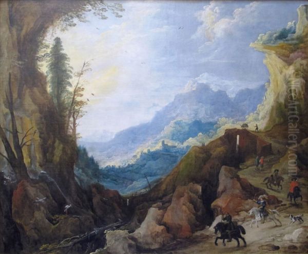 Mountainous Landscape with a Bridge and Four Horsemen - view 1