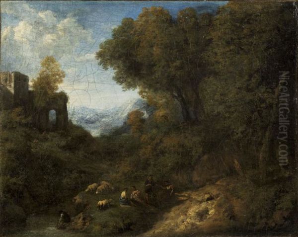 Landscape with a ruin - shepherds and herds at the creek - view 1