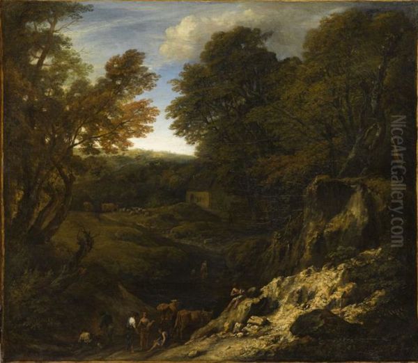 Landscape with shepherds and herds at the edge of a pond and near an illuminated Talus - view 1