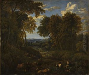 Paysage avec bergers et troupeau dans un chemin forestier by Cornelis Huysmans