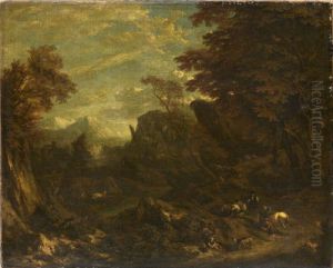 Paysage avec voyageurs se reposant au bord d'un chemin