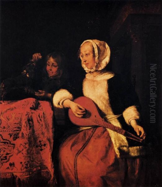 Woman tuning a cittern and a boy playing with a dog - view 1