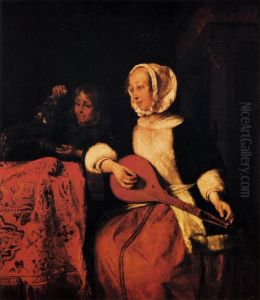 Woman tuning a cittern and a boy playing with a dog by Gabriel Metsu