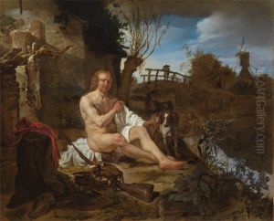 Sportsmen Bathing in a Landscape - A Hunter Getting Dressed after Bathing by Gabriel Metsu