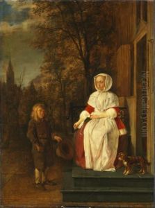 Young woman giving alms to a begging boy by Gabriel Metsu