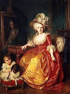 Madame Vestier ayant a ses pieds un enfant qui pince l'oreille d'un chien by Antoine Vestier