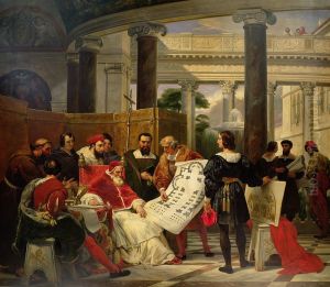 Jules II ordonnant les travaux du Vatican et de Saint-Pierre a Bramante, Michel-Ange et Raphael by Horace Vernet