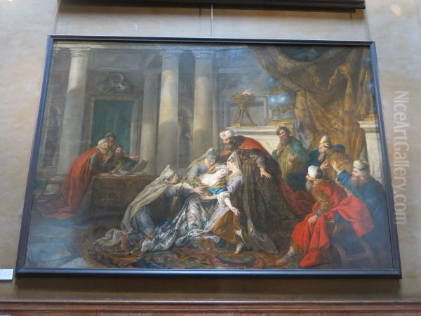 Esther vanishing. In seeking to save the Jews from extermination, Esther violated the ban of entering into the Royal Palace. She faints. The king puts his scepter on the breast of his wife as sign of absolution. - view 1