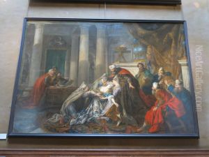 Esther vanishing. In seeking to save the Jews from extermination, Esther violated the ban of entering into the Royal Palace. She faints. The king puts his scepter on the breast of his wife as sign of absolution. by Jean-Francois de Troy