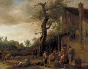 Kaartspelers en kegelaars bij een herberg