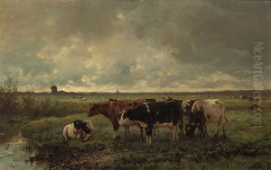 Landschap met koeien en een molen aan de horizon Landschap met koeien en een molen aan de horizon