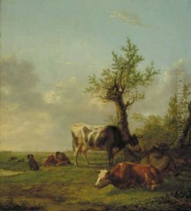 Landschap met koeien en slapende herdersjongen met hond by Jan Kobell II