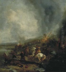 Soldaten plunderen een dorp by Philips Wouwerman