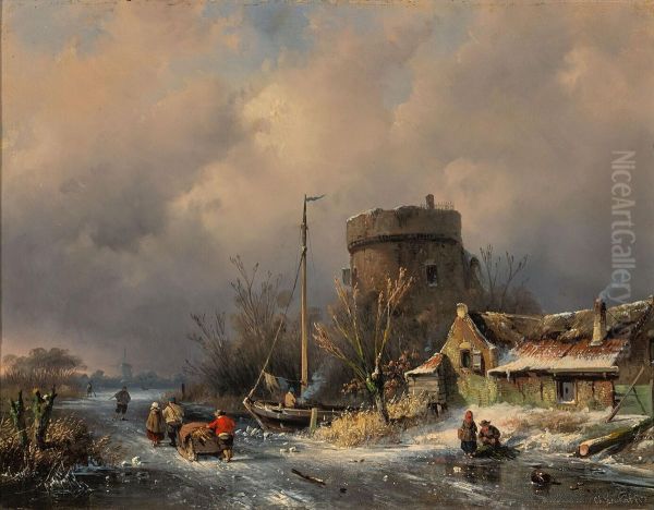 WInter Landscape With Round Tower and a Farm near a Frozen Canal - view 1