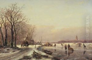 Winterlandschap met boerenkar en schaatsenrijders