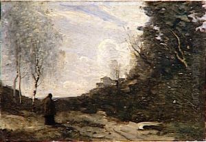 La Muse rustique, dit aussi La bergere, ou a tort:Moine lisant dans un paysage. by Jean-Baptiste Camille Corot