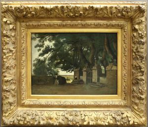 Breton landscape. A gate shaded by tall trees