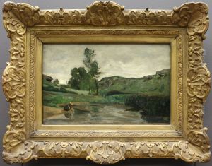 Laundress at the edge of the water in Optevoz by Jean-Baptiste Camille Corot
