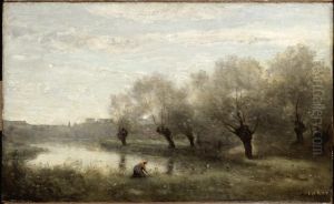 Saulaie a la pointe d'un marais. by Jean-Baptiste Camille Corot