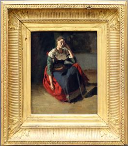 Italienne assise, accoudee sur son genou. by Jean-Baptiste Camille Corot