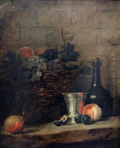 Panier de raisins, gobelet d'argent et bouteille
