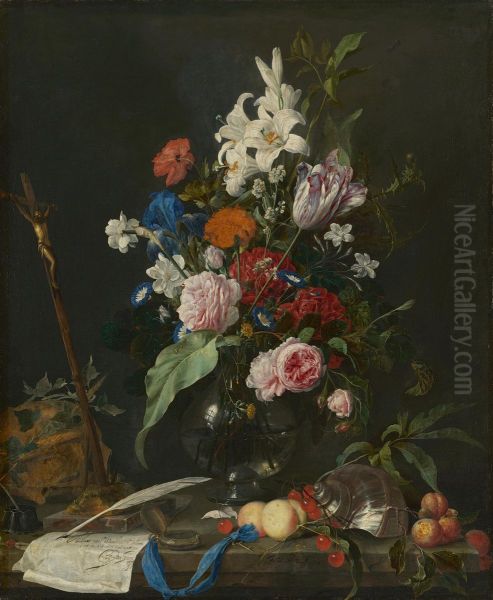 Flower still-life with a skull and crucifix - view 1