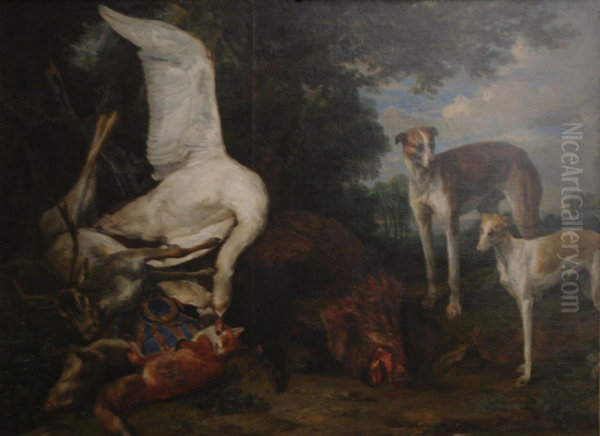 Erlegtes Wild, von zwei Hunden bewacht - view 1