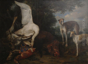 Erlegtes Wild, von zwei Hunden bewacht Erlegtes Wild, von zwei Hunden bewacht