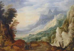 Felslandschaft mit Blick auf Kirche im Tal