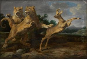 Two young lions chasing a roe Two young lions chasing a roe