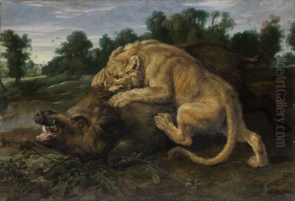 A lion killing a boar - view 1