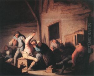 Carousing peasants in a tavern by Adriaen van Ostade