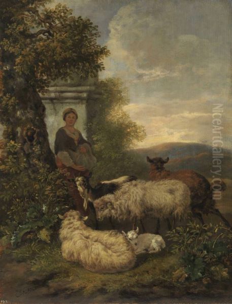 Abendlandschaft mit Schafen, Ziegen und Hirtin - view 1