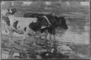Bauer mit Rindern in der Schwemme