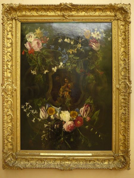 Sculpted cartouche adorned with flowers with a representation of the Holy Family - view 1