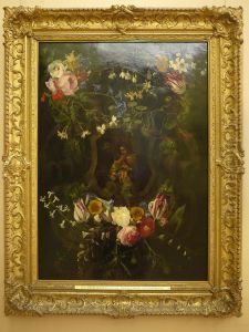 Sculpted cartouche adorned with flowers with a representation of the Holy Family by Daniel Seghers