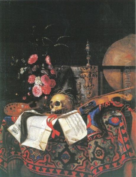 Vanitas still life with bouquet of flowers, painters palette, globe, violin and acorn cup - view 1