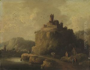 Landschaft mit einem Schloss auf einem Felskegel by Christian Wilhelm Ernst Dietrich