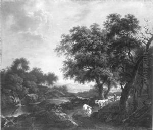 Landschaft mit Hirt und Rindern auf einem Weg unter Baumen Landschaft mit Hirt und Rindern auf einem Weg unter Baumen
