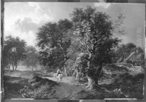 Landschaft mit Reiter auf einem Weg mit Eichen by Ferdinand Kobell