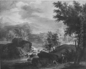Landschaft mit Seestadtchen und Wasserfall