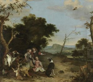 Bildnis von drei Kindern in einer Landschaft mit Jagdbeute