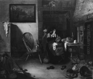 Alte Spinnerin bei der Mahlzeit by Quirijn van Brekelenkam